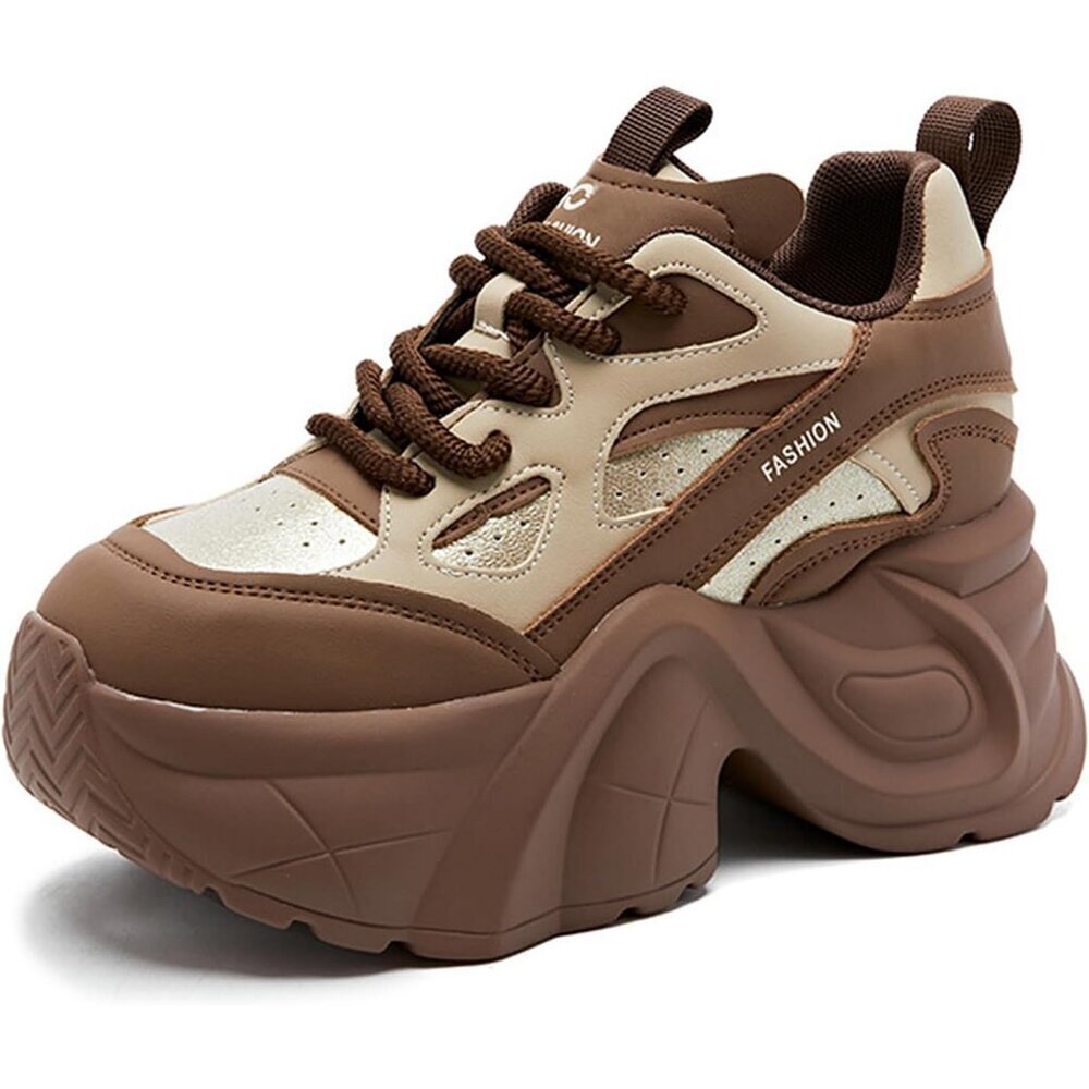 Women's Brown Platform Lace Up Wedge Fashion Comfortable Casual Sneaker Shoes